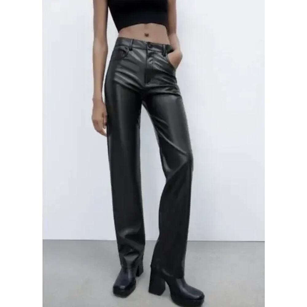 ZARA Faux Leather Straight Leg Trouser Pants Mid-Rise Black